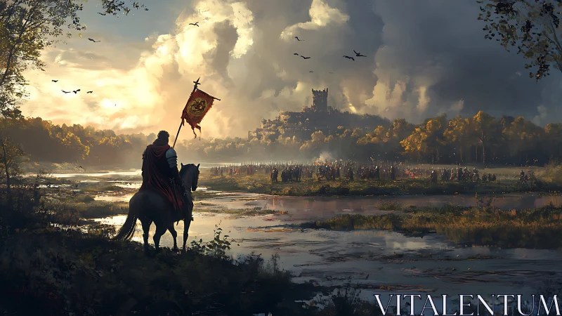 Lone banner rider surveys stormlit armies before the citadel.