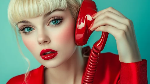 Retro chic girl with red phone and dreamy turquoise gaze.