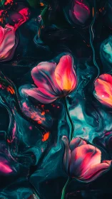 Neon Tulips in Fluid Abstraction with Luminous Gradient.