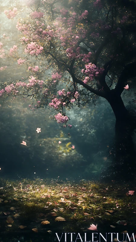 Backlit blossom tree with volumetric light and drifting petals