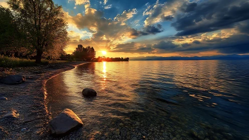Sunset ribbon curls along a stony lakeshore in molten color