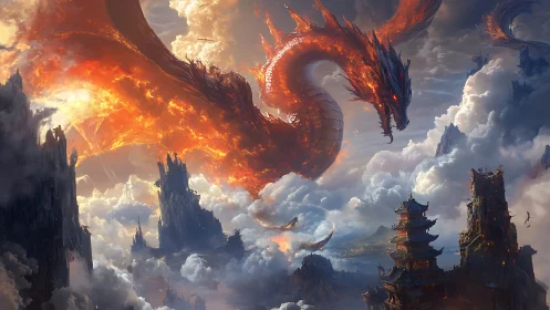 Volcanic serpentine dragon over stratified cloud spires.