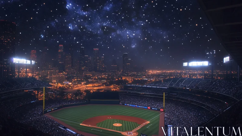 Starlit city baseball stadium glows under a dreamy night sky
