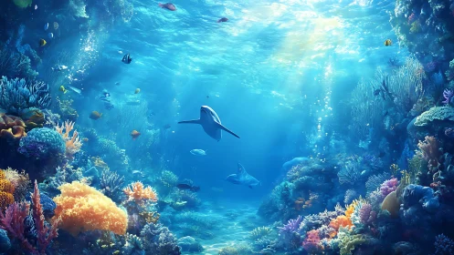 Underwater reef scene shows sharks swimming among coral