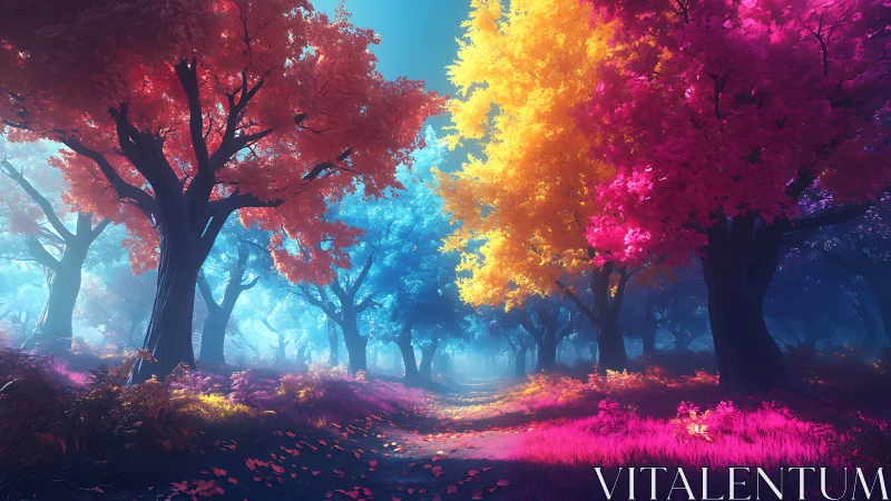 Dreamlit forest path under candy-colored whispering trees.