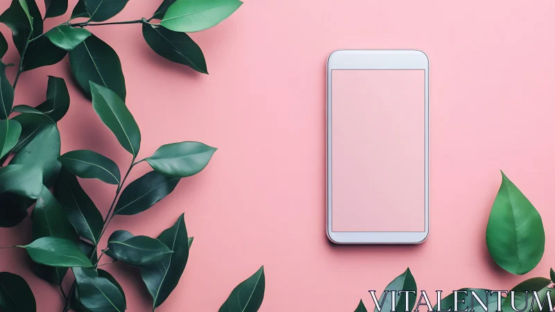 Smartphone with foliage arrangement on pink surface.