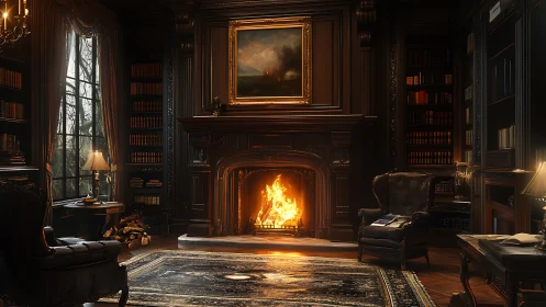 Opulent wood-paneled library interior frames a luminous fireplace