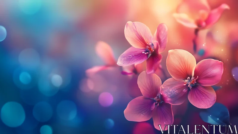 Pink orchids bloom with soft bokeh light and warm glow.