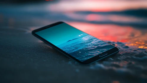 Dreamy shoreline smartphone blending sea and screen worlds.