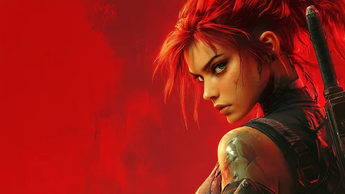Red haired cyberpunk warrior with sword on red backdrop.