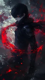 Dark anime warrior with red energy swirling around body.