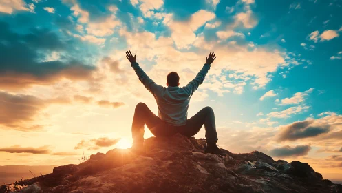 Silhouette of person on rocky hill against evening sky.