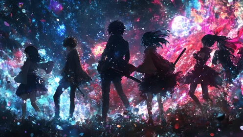 Starlit swordbearers stride through a cosmic neon tempest.