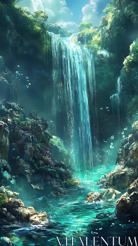 Sky-touched emerald waterfall dreaming in hidden canyon.