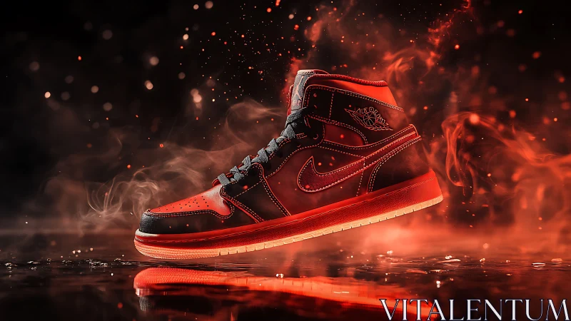 Incandescent red-black sneaker in dynamic vapor-lit suspension.