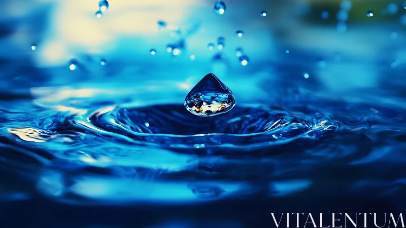 Suspended water droplet over rippling surface in vivid blue tones.