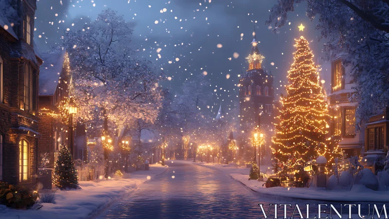 Snowlit Christmas avenue wrapped in golden festive glow.