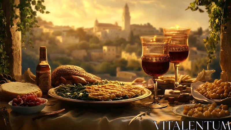 Golden-hour Mediterranean banquet with wine, bread, and legumes