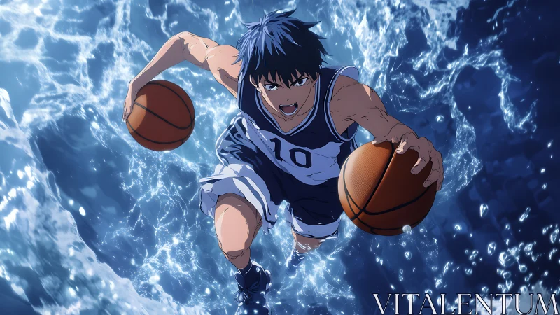 Explosive anime dunk shatters water in dynamic overhead view