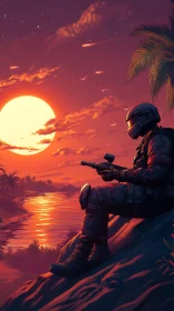 Sunset sniper dreaming under comet-kissed war skies.