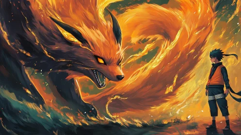 Dynamic chakra beast confrontation rendered in vivid flame motion