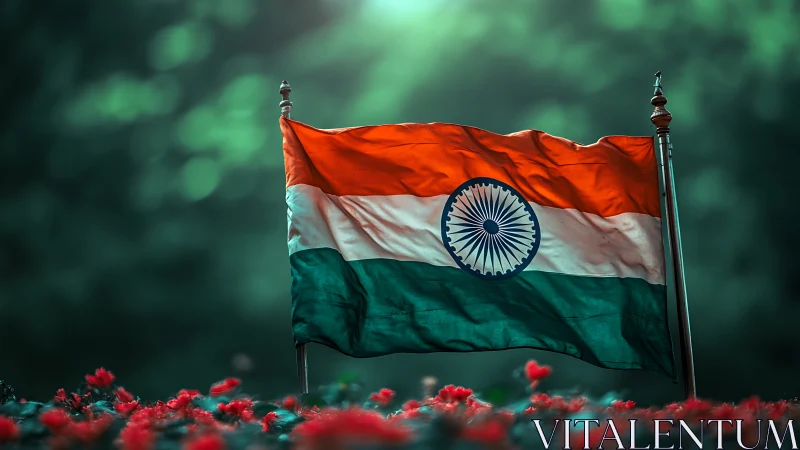 Indian national flag on pole against soft green bokeh.