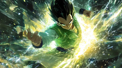 Powerful anime fighter unleashes bright energy burst.