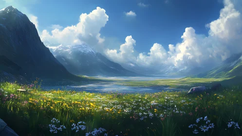 Bright alpine valley with wildflowers, lake, and high peaks.