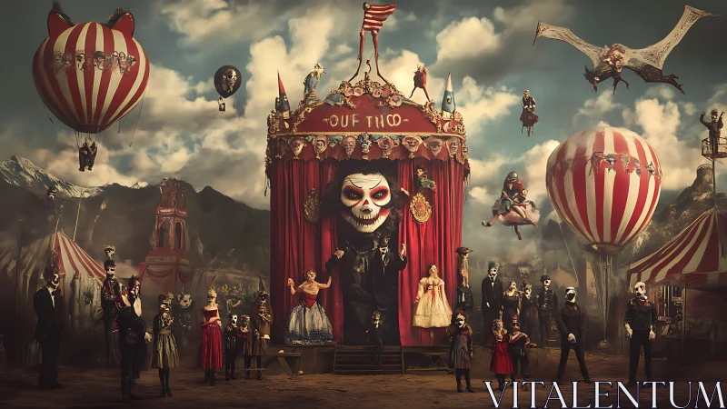 Carnival stage scene presents masked figures and air balloons