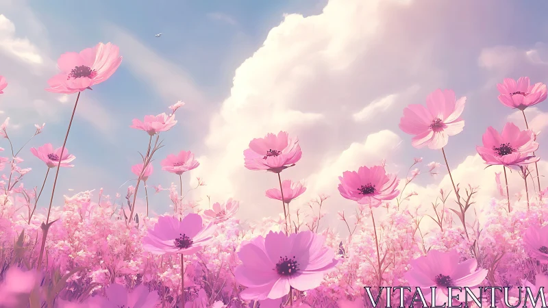Pink cosmos field under partly cloudy sky with atmospheric perspective.