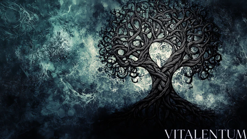 Gnarled Tree Silhouette Against Luminous Celestial Sky.