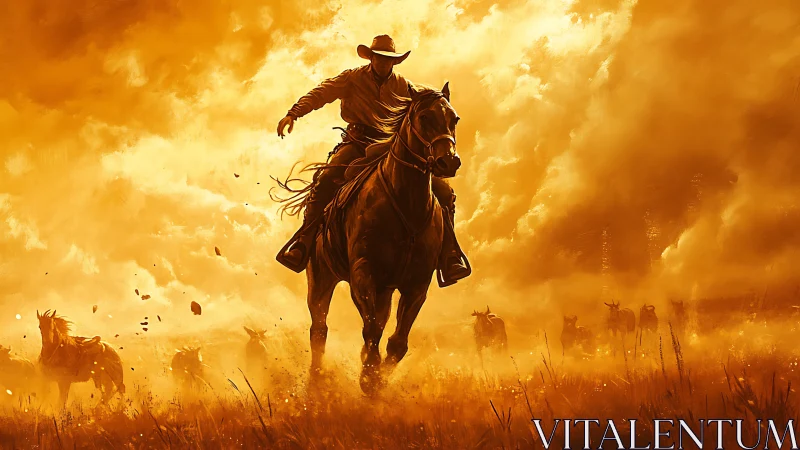 Cowboy on galloping horse cuts through incendiary dust storm