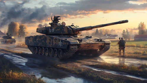 Modern battle tank advances through rural sunrise mud.
