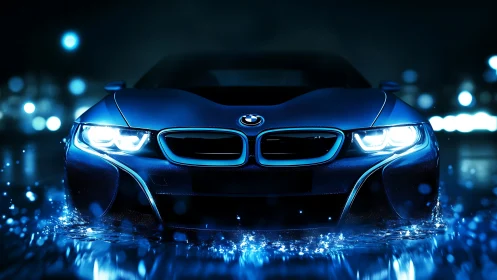 Electric blue sports car cuts through neon-lit midnight rain