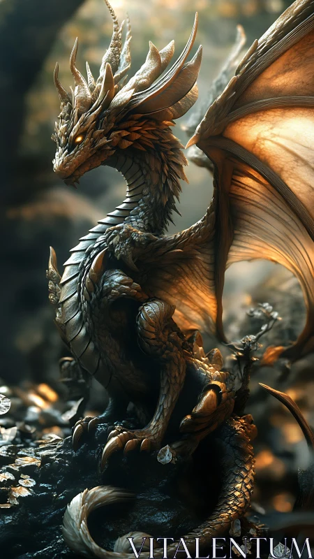 Golden forest dragon pauses in soft light and quiet wonder