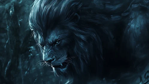 Midnight lion profile in moody teal brushwork focus.