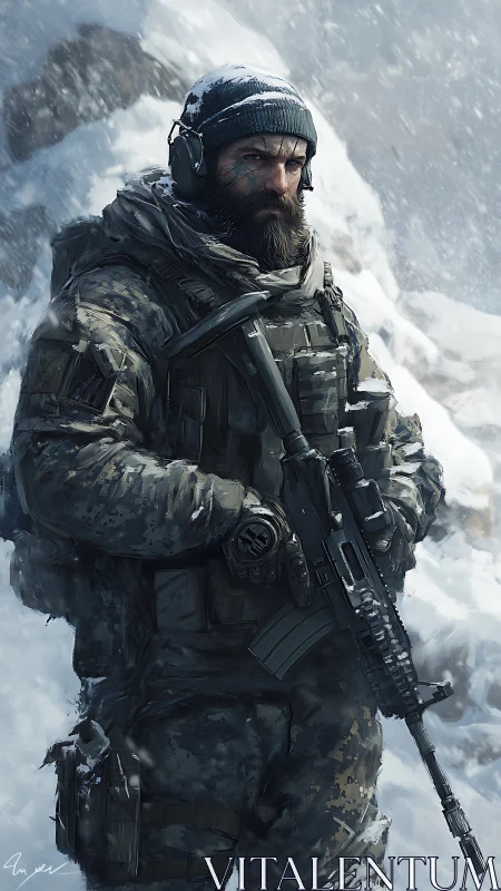 Armed winter operative stands in snowstorm with tactical rifle