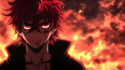 Red-haired anime antihero stands before dynamic inferno field