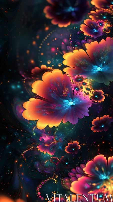 Cosmic garden of glowing neon blossoms in deep night sky.