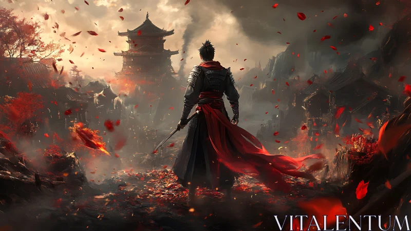 Lone samurai faces burning fortress under storm-darkened sky