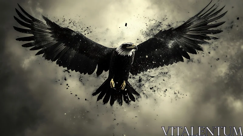 Majestic eagle soaring in dramatic digital art with dark clouds.
