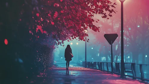 Solitary figure walks under neon-tinted autumn canopy at dusk.