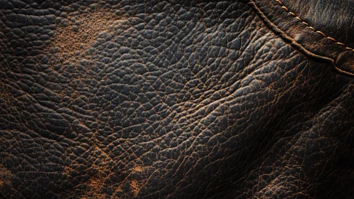Close-up of Textured Brown Leather Surface with Visible Stitching.