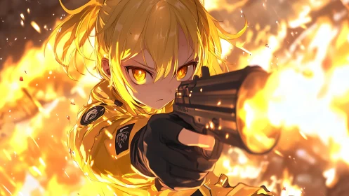Fiery anime heroine holding her ground in blazing chaos.