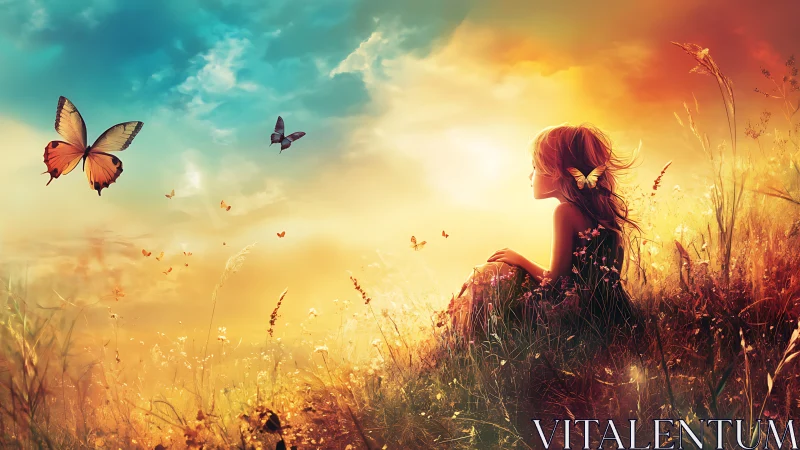 Girl watches butterflies drift through glowing sunset meadow