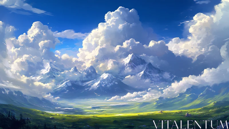 Vast snowy mountain range under towering bright clouds.