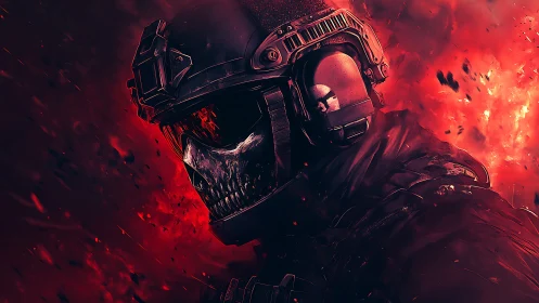 Armored skull-faced soldier advances through burning crimson haze