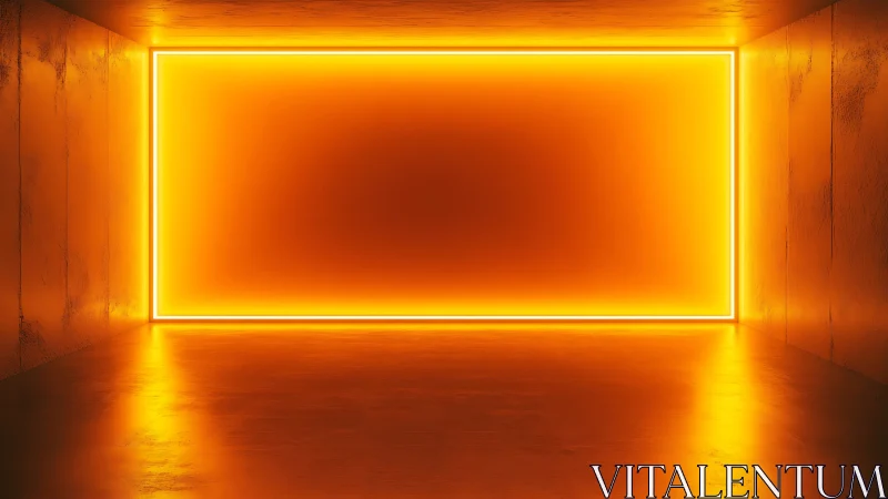 Glowing orange neon frame illuminates empty reflective room