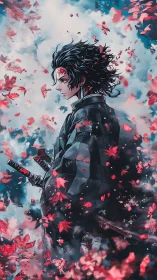 Samurai warrior in drifting crimson leaves rendered in anime