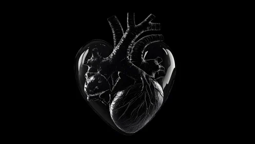 Anatomical Heart in Glossy Black Heart Shape, Surreal Digital Art.